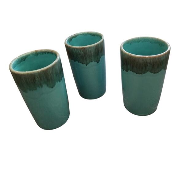 Jaska of California Cascade Ware Blue with Brown Drip Vintage 3 Glasses Tumblers - Picture 1 of 7